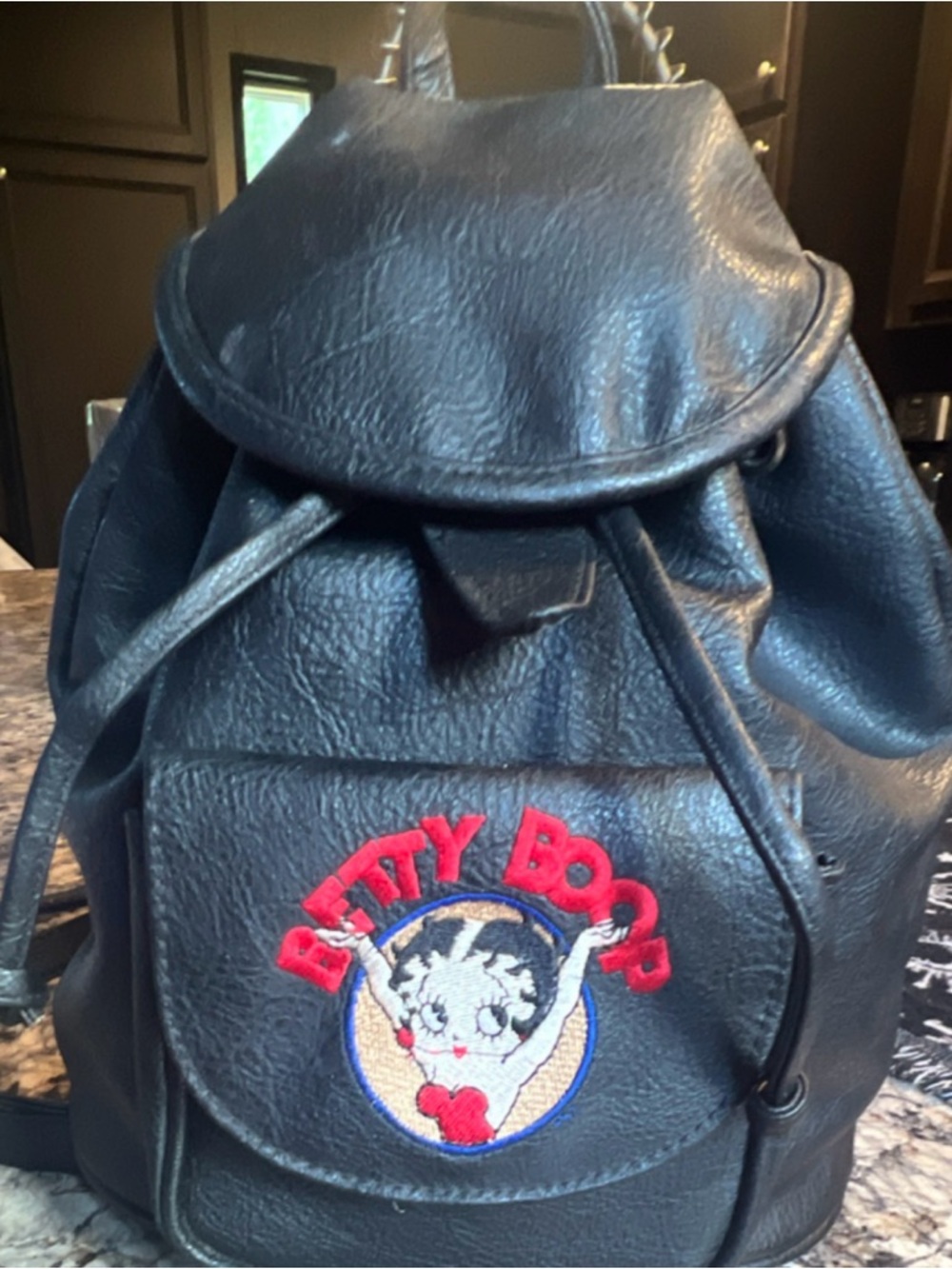 Betty Boop Black Faux-Leather Drawstring Backpack with Embroidered Patch